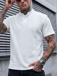 Manfinity CasualCool 男士立領 Polo 衫，針織提花面料，休閒日常穿著，時尚百搭風格 - 白色 - 查看 7