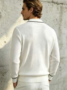 TONEVAULT Men's Autumn Casual Color Block Trim Sweater - White - View 4
