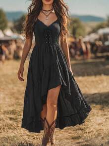 EMERY ROSE Women's Summer Casual Western Cowboy Vacation Style Minimalist Solid Color Contrast Lace Trim Asymmetrical Hem Cami Dress - Black - View 1