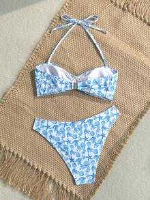 Swim Mod 花卉荷葉邊可愛甜美復古休閒度假海灘海邊女款泳衣套裝 - 藍白色 - 查看 2