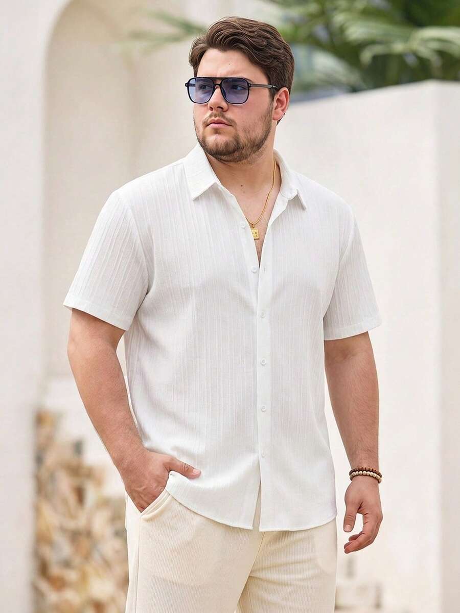 Mercer Haus Plus Size Men's Casual Basic Striped Lightweight Breathable Button-Down Short Sleeve Shirt - White - View 1