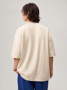 Loose Fit Men's Letter Embossed Drop Shoulder T-Shirt, Fall Fleece - Apricot - View 3