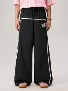 Men's Wide Leg Printed Drawstring Waist Street Pants, Fall Wide Leg - Black - View 5