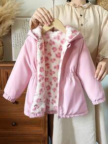SHEIN Elladie kids 1件少女冬季新款粉色花卉保暖內裡拉鍊外套，附彈性腰部與連帽，加厚保暖休閒通勤百搭簡約時尚防寒夾克 - 粉色 - 查看 5