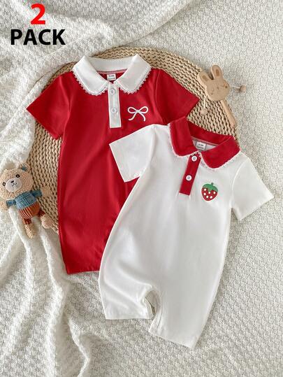 SHEIN Romper Bayi Perempuan Lengan Pendek dengan Kerah Renda, Jumpsuit Musim Panas Bayi Motif Pita Stroberi 2 Warna
