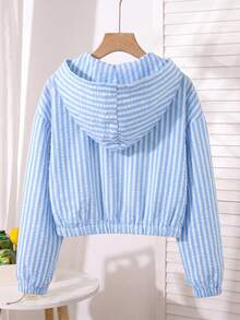 Jaket Pendek Berkerudung Lengan Panjang Motif Garis Vertikal Biru Putih Segar untuk Anak Perempuan Remaja, Potongan Longgar, Musim Gugur, Kembali ke Sekolah, Kasual Lucu Gaya Preppy, Crop Top, Pelajar - Biru - View 2
