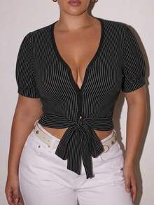 Dazy Plus Camiseta ajustada de manga corta con cuello redondo y bloques de color a rayas, primavera/verano - Negro - Ver 5