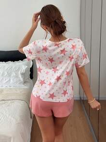 Dream Adore Women's Star Print Short Sleeve Top And Solid Color Shorts Pajama Set - Multicolor - View 2