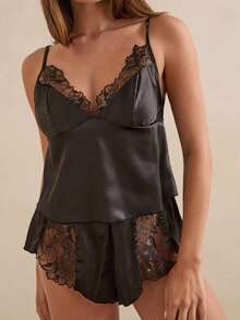 Charlaine Women's Camisole Top & Low Waist Flat Bottom Pants Embroidered Satin Pajama Set, 2 Pieces - Black - View 6