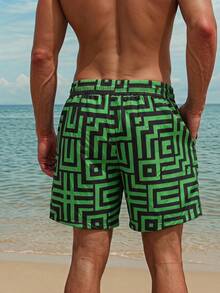 Azuldrift Men's Casual Geometric Print Drawstring Waist Pocket Beach Shorts - Green - View 2