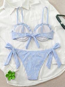 SHEIN Swim Chicsea 26SS 春夏优雅纹理面料钢圈比基尼套装，蓝色刺绣，2件套 - 藍色 - 查看 2