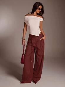 SHEIN Tall CURVE 大尺碼女款純色口袋休閒百搭日常穿著長褲 - 鏽棕色 - 查看 6