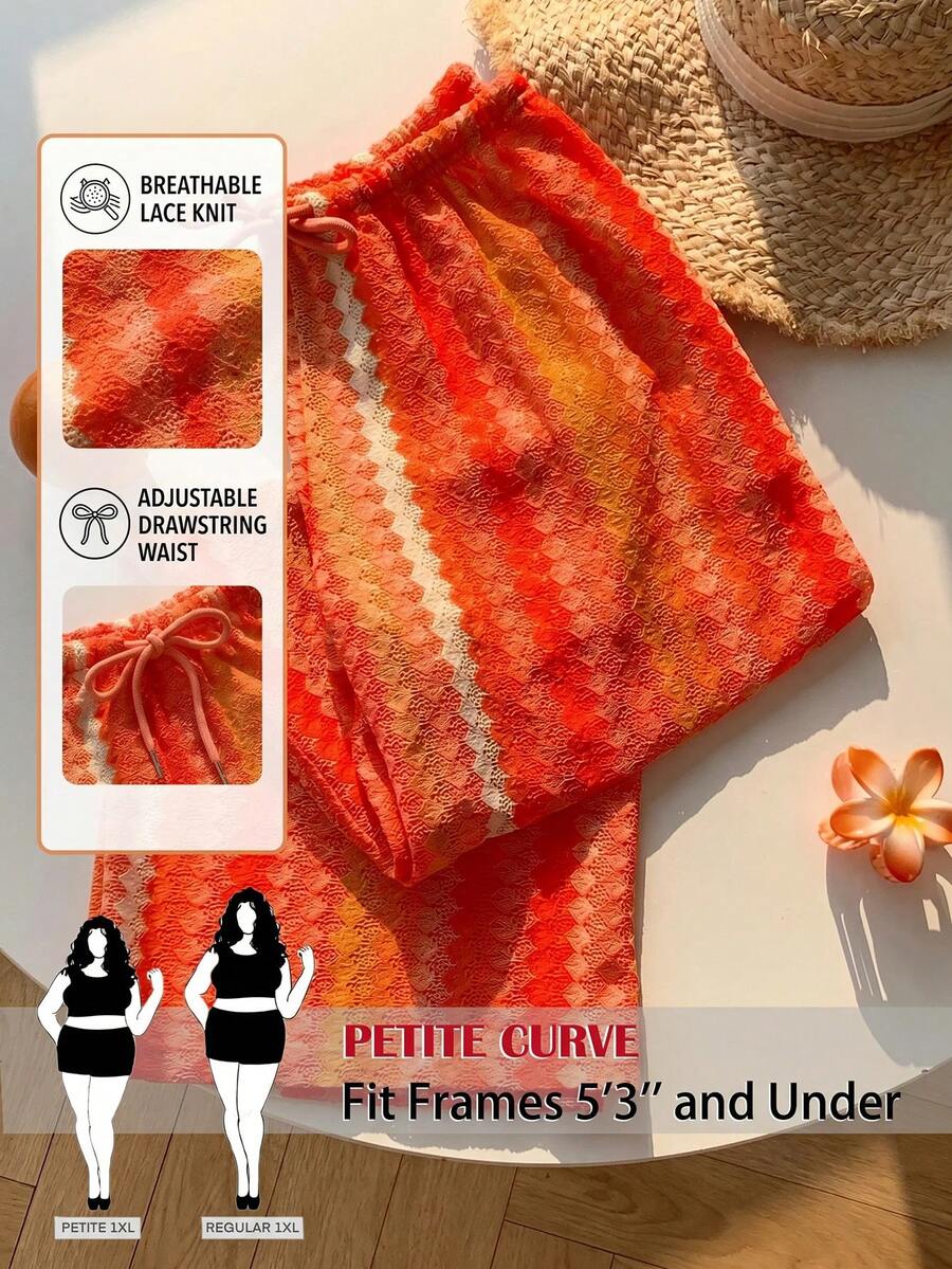 SHEIN PETITE CURVE 大尺碼女款腰部繫帶條紋寬腿寬鬆休閒長褲 - 橘色 - 查看 1