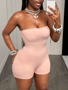 BamGleam Versatile Seamless Solid Color Sexy Tight-Fitting Bandeau Romper Shorts - Baby Pink - View 7