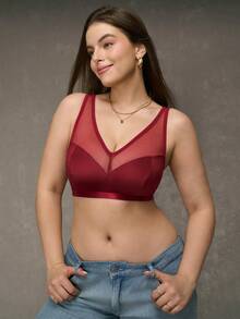 SHEIN Sujetador sin aros de talla grande y estilo minimalista curvo, color rojo vino, con elevación - Burdeos - Ver 6