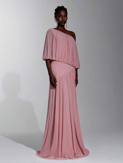 Elitara Elegantes luxuriöses rosa elastisches Mesh, handgefaltete Dekoration, asymmetrischer Ausschnitt mit gefaltetem A-Linien-Rock, Brautjungfernkleid