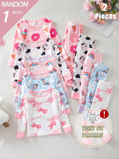 [5 Sets Randomly Sent 1 Set]Snug Fit Pajama For Baby Girl, Long Sleeve & Long Pants, Cute Dessert Cake, Stars, Moon, Koala, Unicorn, Rabbit, Cow Popular Print Fabric, Comfortable Sleepwear & Loungewear Loved By Sweet Girls