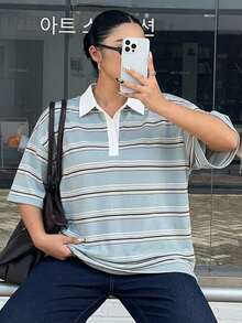 Dazy Plus 寬鬆街頭風拼色條紋 Polo 領長袖大尺碼女款 T 恤，秋季圖案印花校園風上衣 - 藍色 - 查看 7
