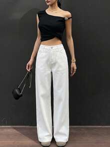 DAZY Women's High Waist Solid White Loose Straight Wide Leg Long Pants For Commuting Summer Autumn Date Casual - White - View 4