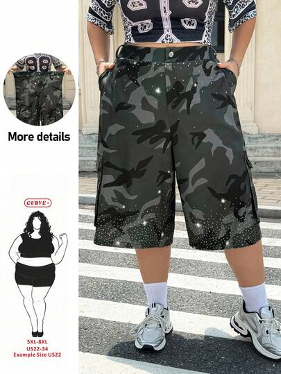 SHEIN CURVE+ Plus Size Camouflage Print Rhinestone Decor Cargo Pants