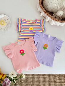 LMoss Kids Baby Girl 3pcs Knitted Solid Color Striped 3D Floral Round Neck Tank Tops - Mauve Purple - View 5