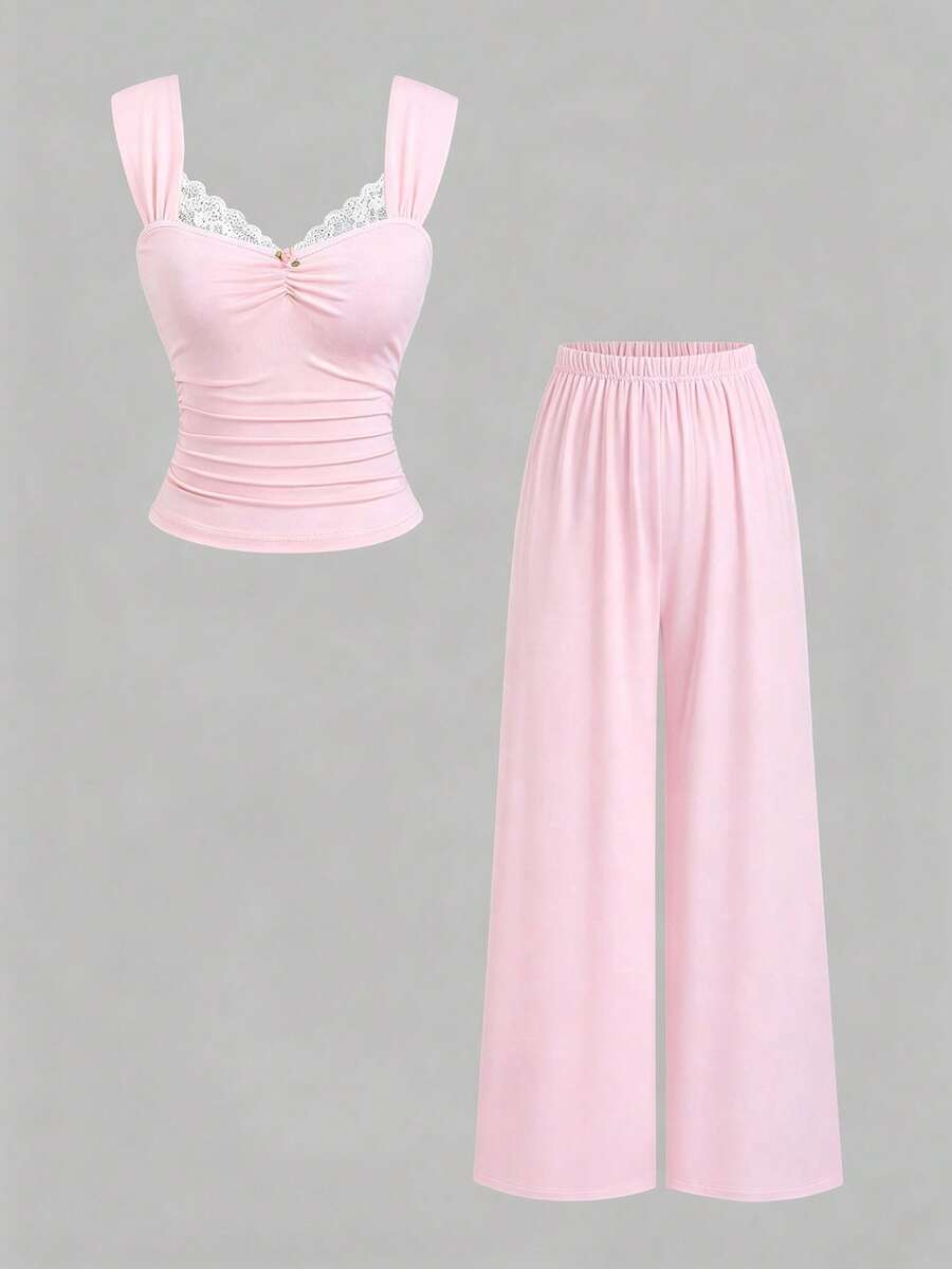 Vibekara Plus Size Women's Contrast Lace Tank Top And Pants Casual 2 Pieces Set - Pink - View 1