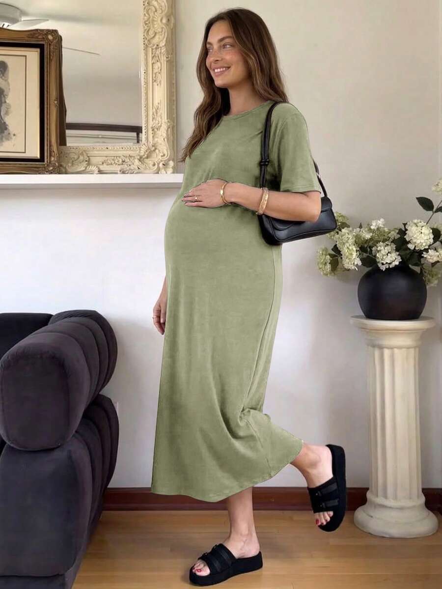 Slowluna 孕婦純色圓領短袖休閒寬鬆連身裙 拍照正式款 鼠尾草綠 夏季 - 綠色 - 查看 1
