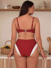 Swim Chiccia Plus Size 2 Pieces Women's Summer Colorblock Bikini Set, Minimalist Sexy Tropical Patchwork Design, High Waist Triangle Swim Bottoms, Beach All White - Red - View 3