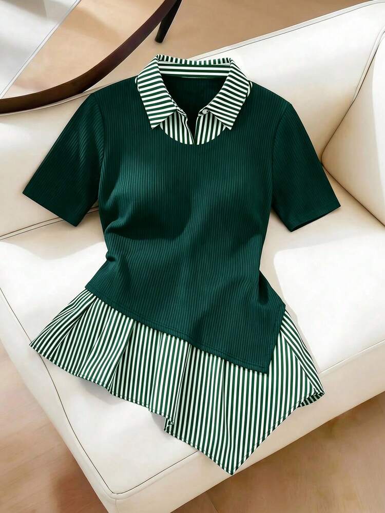 GlowEve CURVE Plus Size Women's Patchwork Striped Short Sleeve 2 In 1 Top - Green - View 3