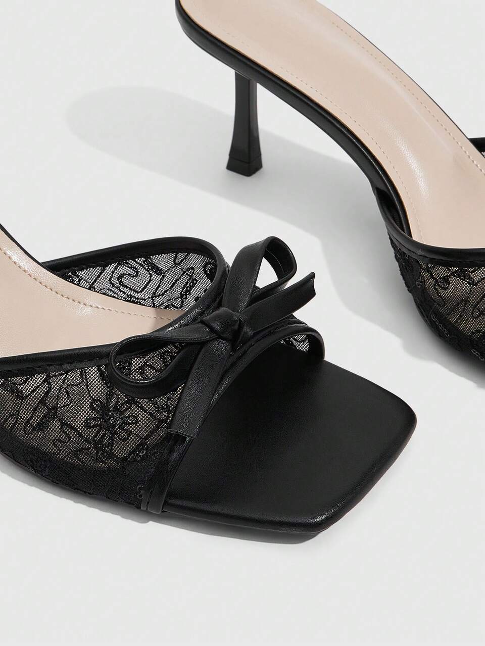 CUCCOO SZL Women's Sexy New Summer Black Mesh Bow High Heel Sandals, Slimming Square Toe Stiletto Open Toe Sandals