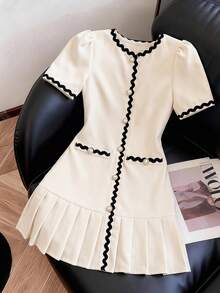 SHEIN Girls' Spring/Summer Fashion Minimalist Elegant Solid Color Pleated Wave Ribbon Dress, Suitable For Outings, Commuting And Daily Wear - Apricot - View 1