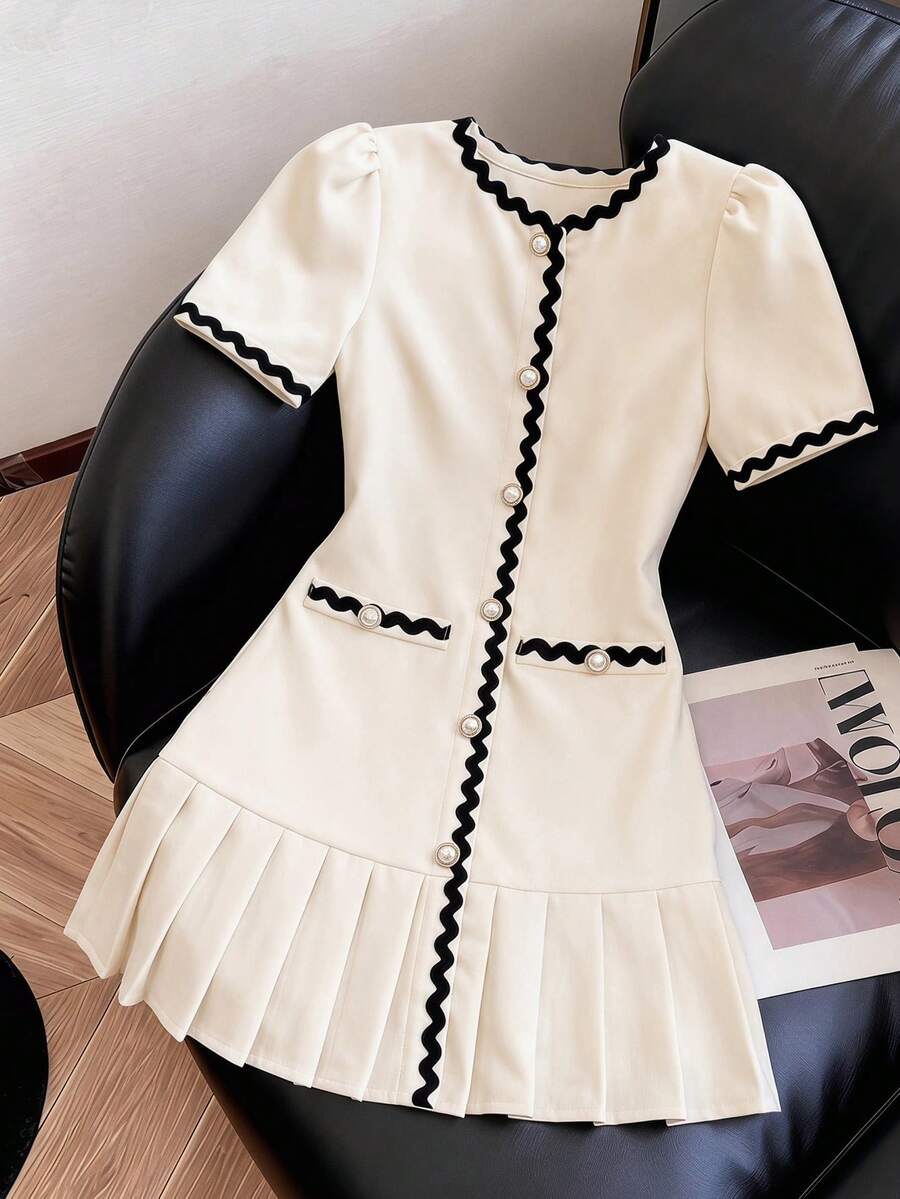 SHEIN Girls' Spring/Summer Fashion Minimalist Elegant Solid Color Pleated Wave Ribbon Dress, Suitable For Outings, Commuting And Daily Wear - Apricot - View 1