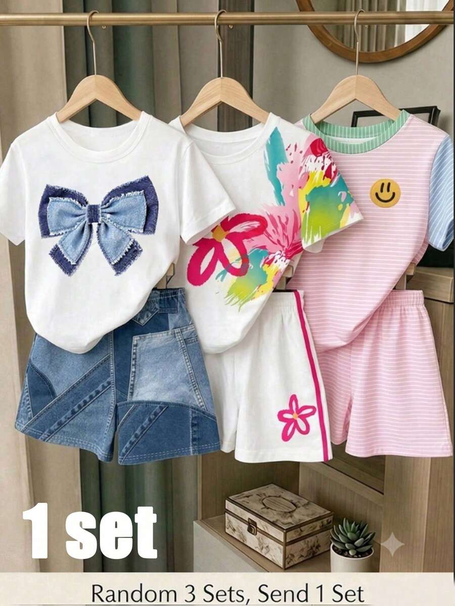 1套女童夏季短袖T恤與短褲兩件套,隨機發送3款中的1套,蝴蝶結拼接塗鴉花卉臉部印花設計,休閒百搭運動風女孩夏季套裝 - 彩色 - 查看 1