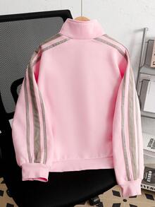 SHEIN 青少年女孩側條紋蝴蝶結刺繡圖案休閒極簡時尚運動夾克 秋冬款 - 淺粉色 - 查看 2