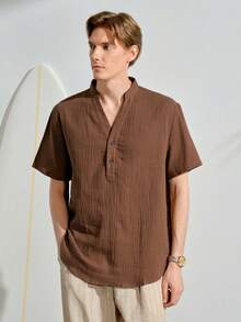 Men's Casual Solid Color Short Sleeve Shirt, Summer, White Linen Beach Top, Casual V-Neck Henley, Hippie Bohemian Style Loose Fit Blouse - Coffee Brown - View 7