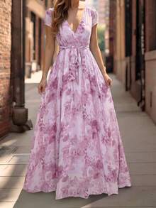 SHEIN LUNE 蓝色印花高腰浪漫优雅A字短袖中长连衣裙（女款） - 彩色 - 查看 4
