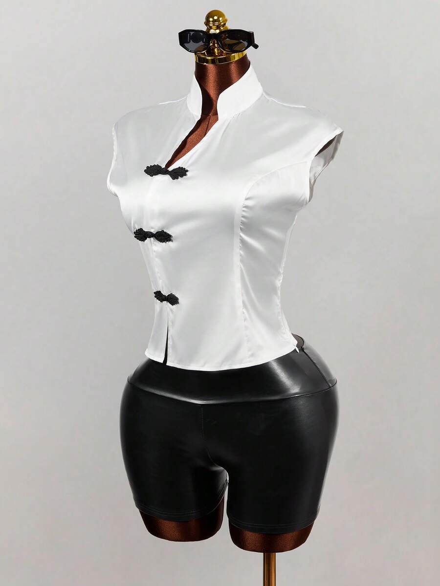 Mistrie Women's New Zip Frog Button Chinese Collar Blouse, Summer Autumn Daily Dinner Semi Formal White And Black Elegant