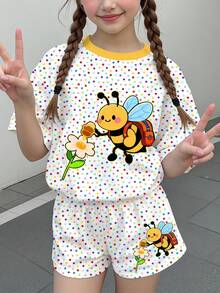 女童休閒極簡可愛蜜蜂圖案彩色波點印花甜美奶油風度假風短袖上衣＋短褲兩件套，適合夏季，圖案舒適女孩套裝，Y2K，Kawaii - 彩色 - 查看 2