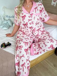 Slumberry CURVE Conjunto de pijama de talla grande con estampado de lazos a rayas y cuello a rayas de bloques de color dulce - Multicolor - Ver 6