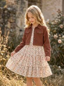 SHEIN Vintaside Kids Young Girls New Fashion Blazer Collar Long Sleeve Jacket With Elastic Waist A-Line Tiered Floral Print Cami Dress 2-Piece Set, Suitable For Daily Casual, Vacation, Picnic, Brown Maillard Color, Spring/Autumn - Brown - View 1