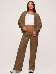 SHEIN BASICS Chaqueta holgada de punto de unicolor con cuello alto y manga larga para mujer, ropa de otoño e invierno - Café integral - Ver 7