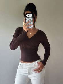 Aloruh Damen Neuer Tief V-Ausschnitt Dunkelbraun Langarm Knopf Rippstrick Pullover, geeignet für Frühling, Sommer, Herbst, Winter, Alltag, Lässig, Zuhause, Ausgehen, vielseitig, Loli Stil - Braun - Übersicht 4