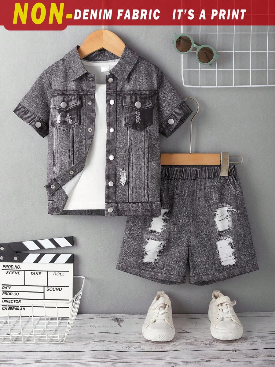 SHEIN Young Boys' Denim Effect Ripped Two-Piece Outfit With Pocket, Cool Street Style - Black - View 1