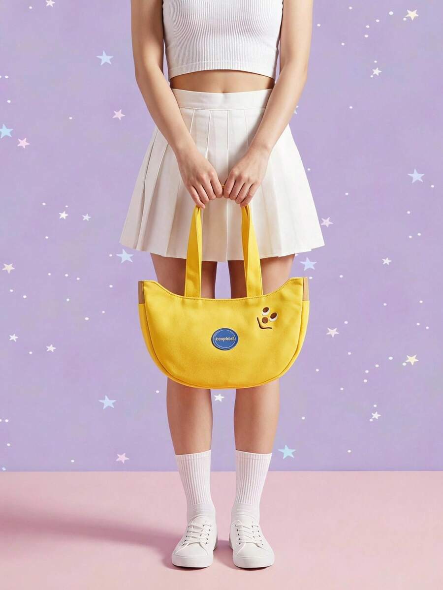 Joivida 1Pc/2Pcs New Cute Cartoon Embroidered Canvas Bag, Portable Handbag For Office & Daily Use - Yellow - View 1