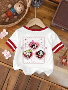 THE POWERPUFF GIRLS X SHEIN 女嬰卡通圖案條紋印花撞色圓領短袖上衣 - 白色 - 查看 2