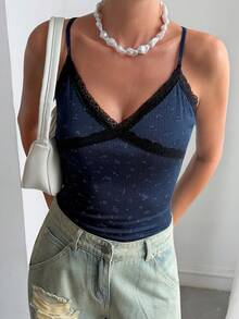 DAZY Women's French Fashion Lace Patchwork Jacquard Camisole Summer - Navy Blue - View 3