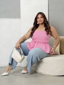 Bibi Tomais Plus Size Women Striped Bandeau Tight Fitted Cropped Top Summer - Hot Pink - View 3