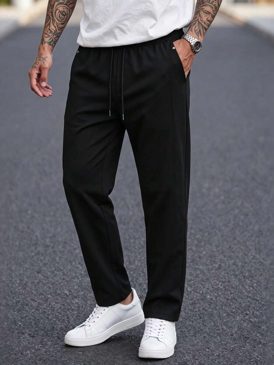 Manfinity Homme 男士純色休閒長褲 夏季卡其褲 直筒休閒褲 適合 7 月 4 日國慶與度假穿著 - 黑色 - 查看 1