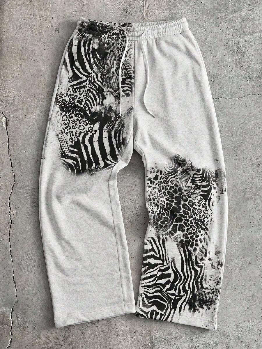 AXEPEAK Pantalones de chándal casuales para hombre con estampado de cebra & leopardo y cintura con cordón - Gris - Ver 1