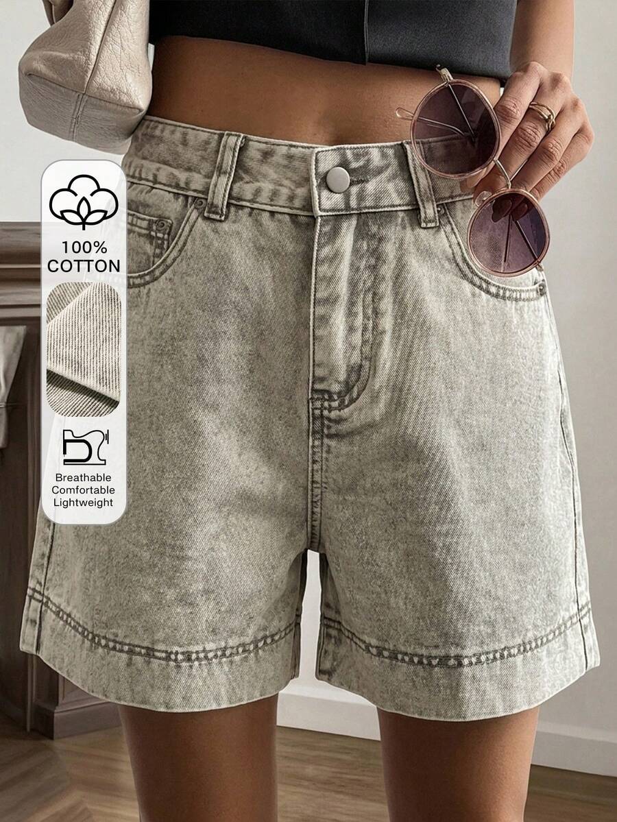 Livesso Summer Autumn June Festival High Waist Solid Light Gray Washed Cotton Casual Loose Fit Women's Denim Shorts - Light Grey - View 1
